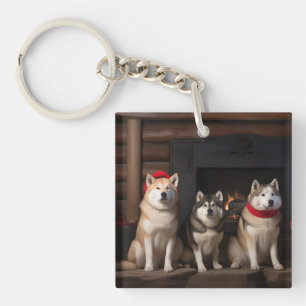 Akita bij de Haard Kerstmis Sleutelhanger