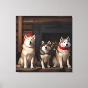 Akita bij de open haard Kerstmis Canvas Afdruk