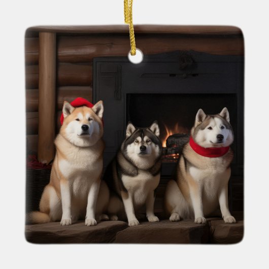 Akita bij de open haard Kerstmis Keramisch Ornament (Voorkant)