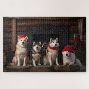 Akita bij de open haard Kerstmis Legpuzzel