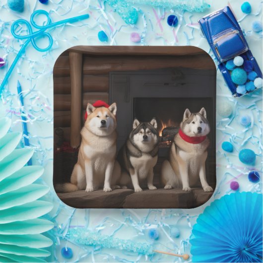 Akita bij de open haard Kerstmis Papieren Bordje (Feest)