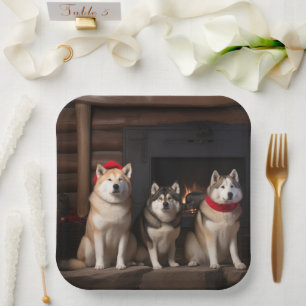 Akita bij de open haard Kerstmis Papieren Bordje