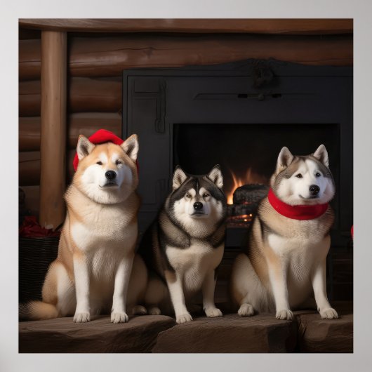 Akita bij de open haard Kerstmis Poster (Voorkant)