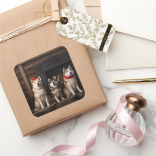 Akita bij de open haard Kerstmis Vierkante Sticker