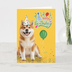Akita Dog in Party Hat on Yellow Birthday Kaart