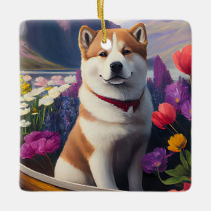 Akita Dog op een peddel: Een Schilderachtig avontu Keramisch Ornament