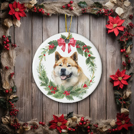 Akita Dog Red Bow Holly Krans Keramisch Ornament