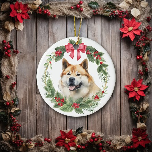 Akita Dog Red Bow Holly Krans Keramisch Ornament