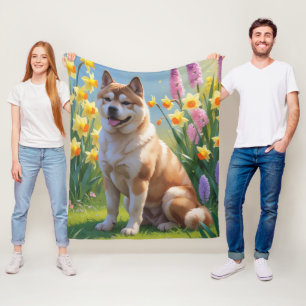 Akita Dog Spring Bloemen Schilderen Fleece Deken