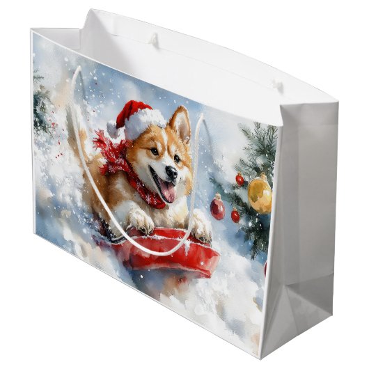 Akita Hond in Sledge Laat het Sneeuw Kerstmis Groot Cadeauzakje (Achterkant Gekanteld)