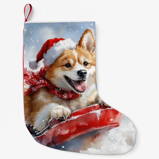 Akita Hond in Sledge Laat het Sneeuw Kerstmis Kleine Kerstsok (Voorkant)