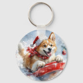 Akita Hond in Sledge Laat het Sneeuw Kerstmis Sleutelhanger (Achterkant)