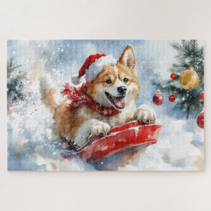 Akita-hond in slee laat het sneeuwen Kerstmis Legpuzzel