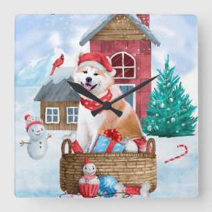 Akita-hond in sneeuw Kerstmis Hondenhok Vierkante Klok