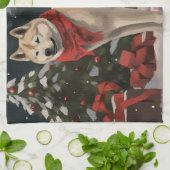 Akita Hond in Sneeuw Kerstmis Theedoek (Gevouwen)