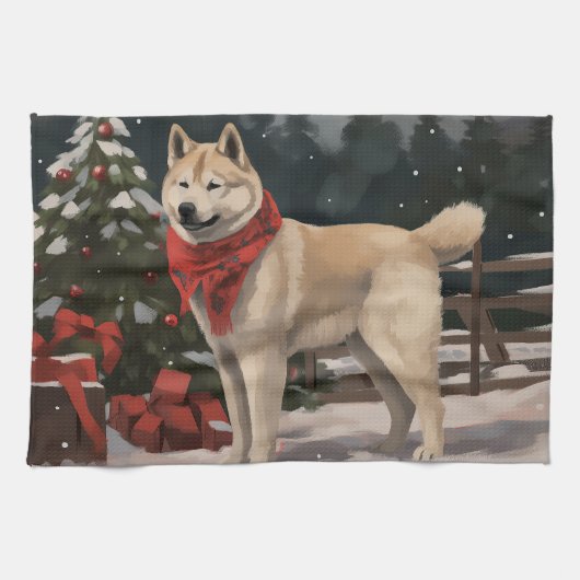 Akita Hond in Sneeuw Kerstmis Theedoek (Horizontaal)