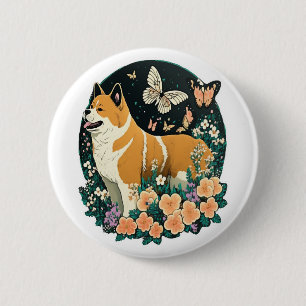 Akita Hond met Bloem en Vlinder T Shirt Ronde Button 5,7 Cm