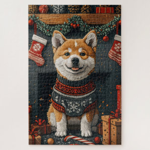 Akita-hond met kerstcadeaus bij de open haard legpuzzel