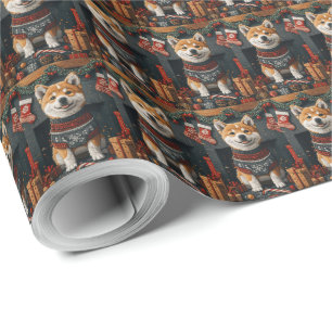 Akita hond met kerstcadeaus open haard cadeaupapier