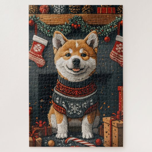 Akita hond met kerstcadeaus open haard legpuzzel (Verticaal)