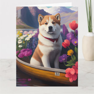 Akita-hond op een peddel: een landschappelijk avon kaart