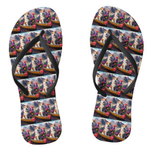 Akita-hond op een peddel: een landschappelijk avon teenslippers