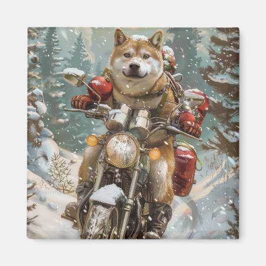 Akita Hond Rijden Motorfiets Kerstmis Magneet (Voorkant)