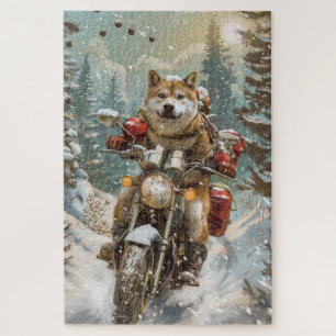Akita-hond rijdt op motorfiets met Kerstmis Legpuzzel