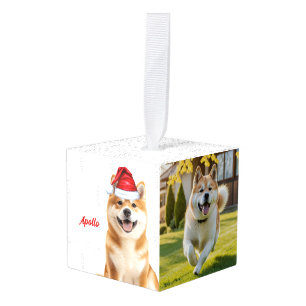 Akita-hond twee foto's Kerstvakantie Kubus Ornament