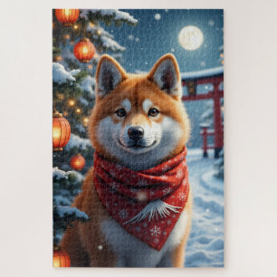 Akita Japanse Kerst Winter Portret Kunst Legpuzzel
