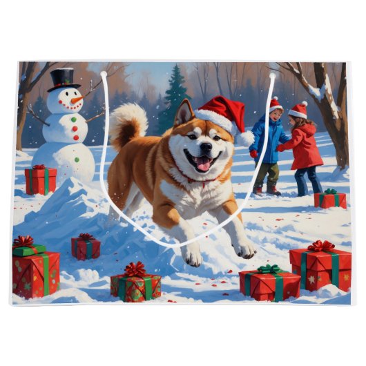 Akita Kerst Feestelijke Sneeuwscène Groot Cadeauzakje (Voorkant)