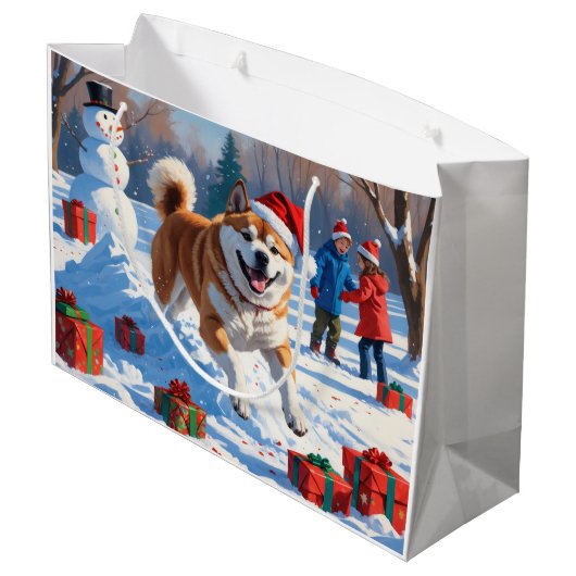 Akita Kerst Feestelijke Sneeuwscène Groot Cadeauzakje (Achterkant Gekanteld)