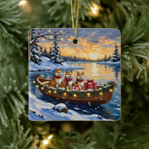 Akita Kerstboot Vakantie Keramisch Ornament