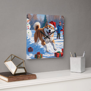 Akita Kerstfeest Sneeuwscène Vierkante Klok
