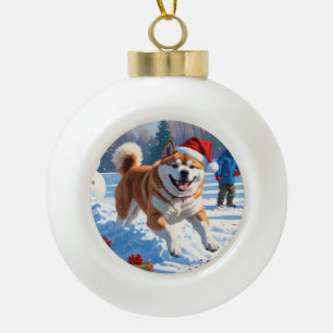 Akita Kerstfest Sneeuwscène Keramische Bal Ornament