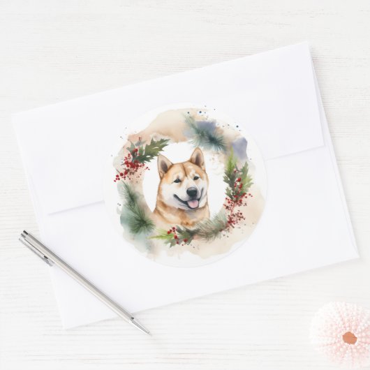 Akita Kerstkrans feestelijke pup Ronde Sticker (Envelop)