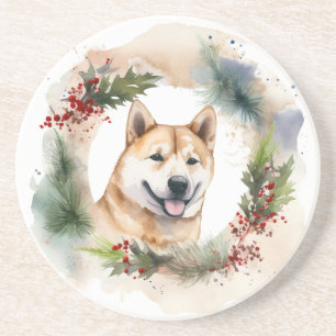 Akita Kerstkrans feestelijke pup Zandsteen Onderzetter