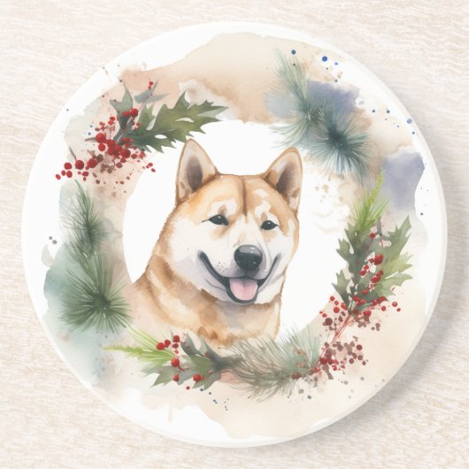 Akita Kerstkrans feestelijke pup Zandsteen Onderzetter (Voorkant)