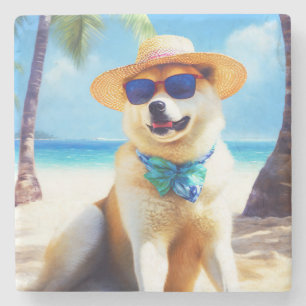 Akita op het strand, zomer cadeau voor hondenliefh stenen onderzetter