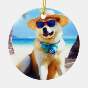 Akita op strand, zomercadeau voor hondenliefhebber keramisch ornament