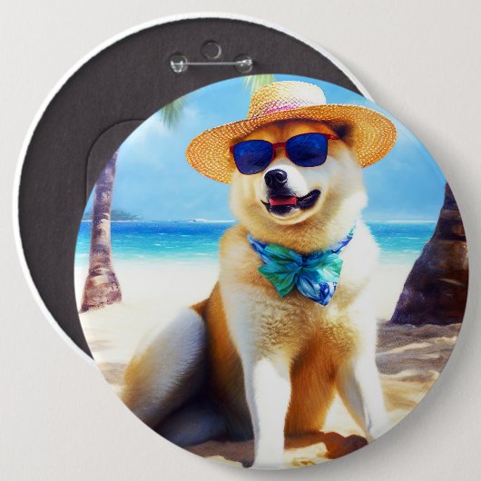 Akita op strand, zomercadeau voor hondenliefhebber ronde button 6,0 cm (Voorkant /achterkant)