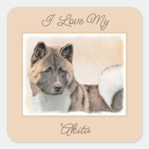 Akita Painting - Cute Original Dog Art Square Stic Vierkante Sticker