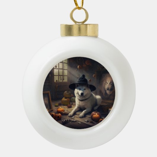 Akita Pumpkins Halloween Scary Keramische Bal Ornament (Voorkant)