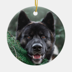 Akita Puppy Dog in A Pine Forest Kerstmis Keramisch Ornament