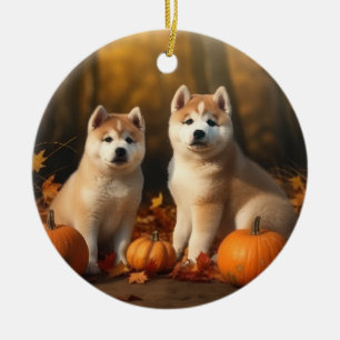 Akita Puppy Herfst Delight Pompoen Keramisch Ornament