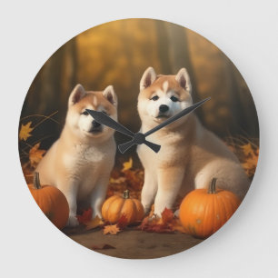 Akita Puppy Herfst Plezier Pompoen Grote Klok