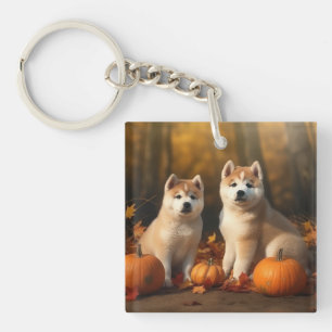 Akita Puppy Herfst Plezier Pompoen Sleutelhanger