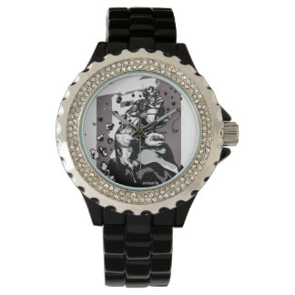 Akita Rhinestone met zwart email Horloge