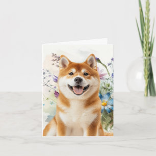 Akita Shiba Inu Hond met Blauwe Aquarel Bloemen Notitiekaartje
