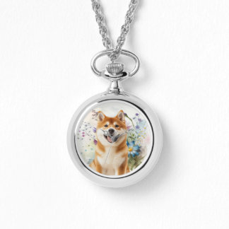 Akita Shiba Inu-hond met blauwe waterverf bloemen Horloge